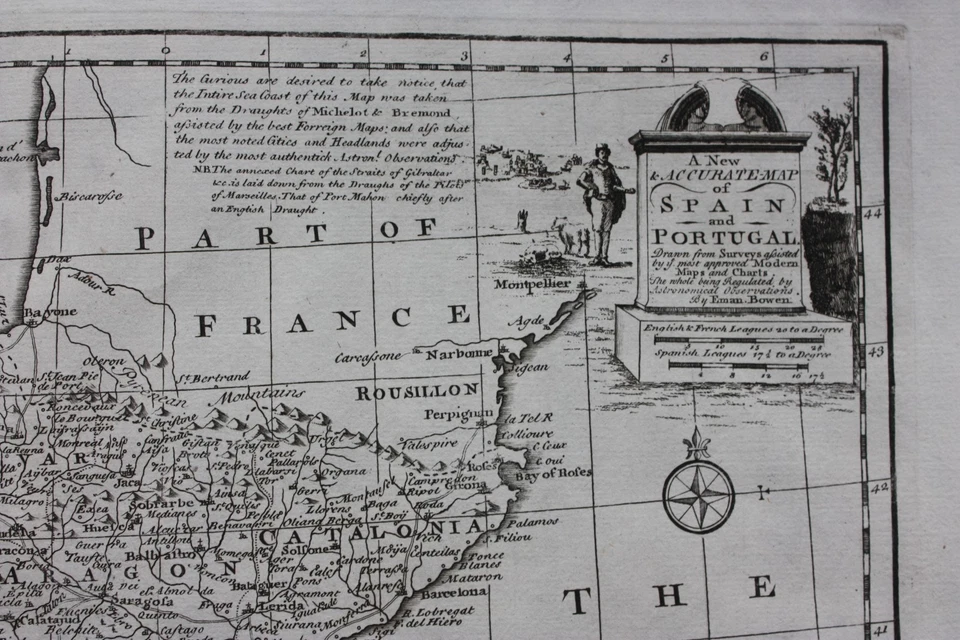 Antiguo mapa atlas ESPAÑA, PORTUGAL, ISLAS BALEARES, GIBRALTAR, E. Bowen 1747 Foto 3 de 4