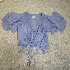 Intimately Free People Bodysuit Womens XS Blue Ruffle Sleeve Tie Mesh Thong