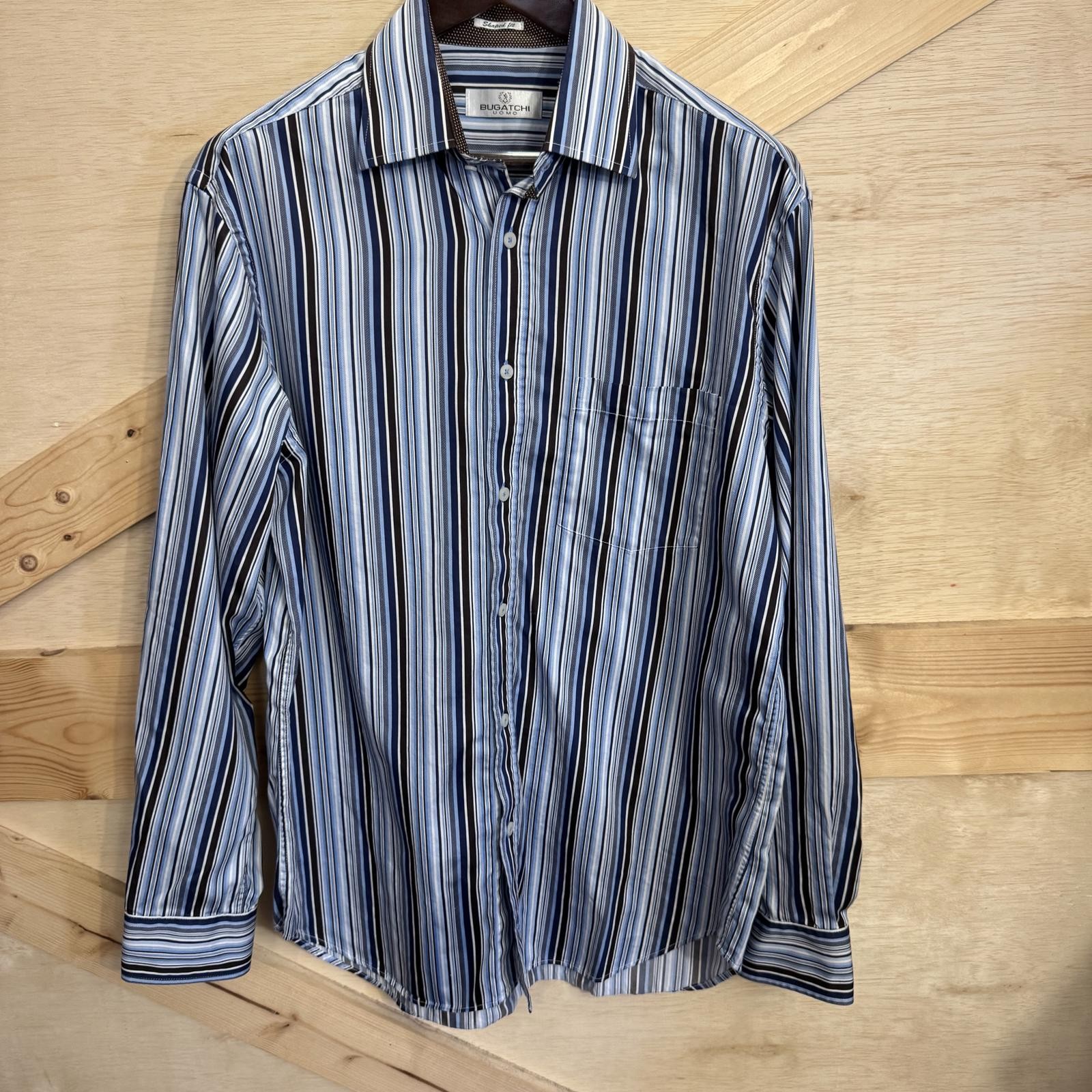 Bugatchi Uomo Mens XL Button Down Stripe Shirt Flip Cuff Blue Brown