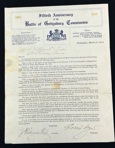 Original 1911 Cover Letter From The 50th Anniversary Of Gettysburg Commission