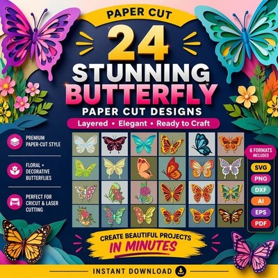 24 Paper Cut Butterfly SVG Bundle: Layered Elegant Designs, Digital Download