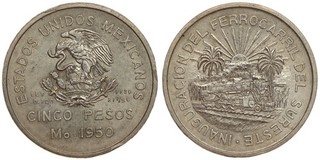 Mexico 5 Pesos 1950 Southeastern Railroad Silver