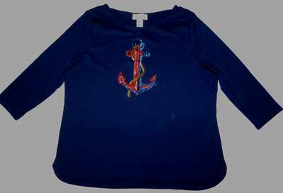 Cathy Daniels Sequin Anchor Navy Blue Top Marina Del Rey Women's Size XL NWT