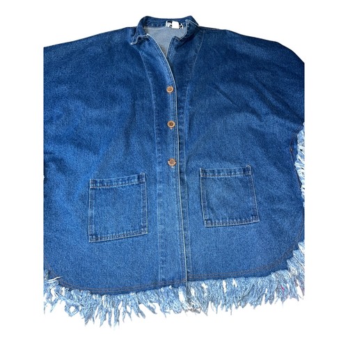 Vintage Y2K Damen Denim Fransen ausgefranster Poncho Shacket Oversized Rama Gr. Large - Bild 7 von 7
