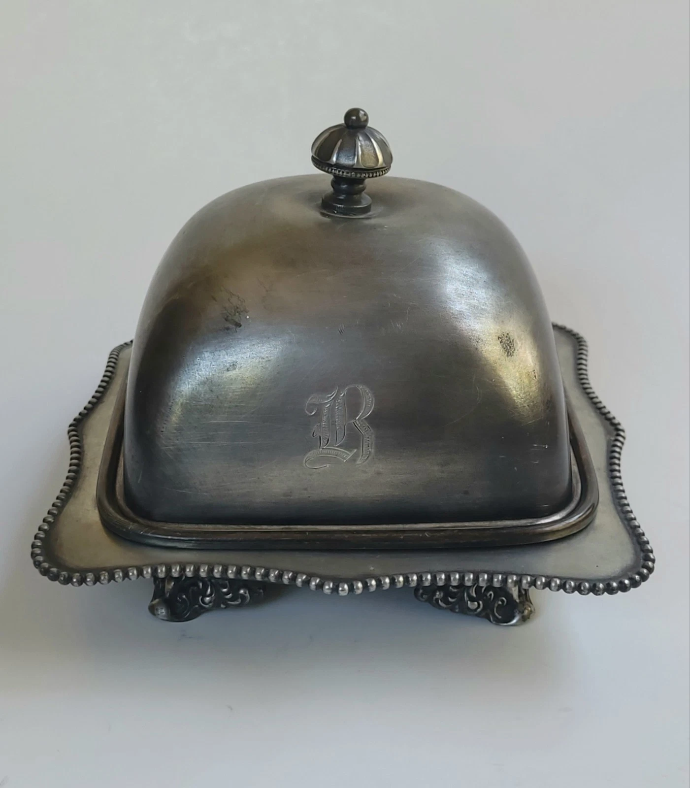 Antique Meridian Silverplate Butter Square Dish Initialed 5126 Made In USA 3 Pc