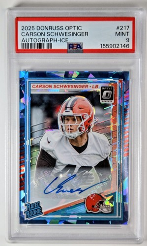 PSA 9 2025 Donruss Optic Carson Schwesinger Cracked Ice Prizm Auto /25 