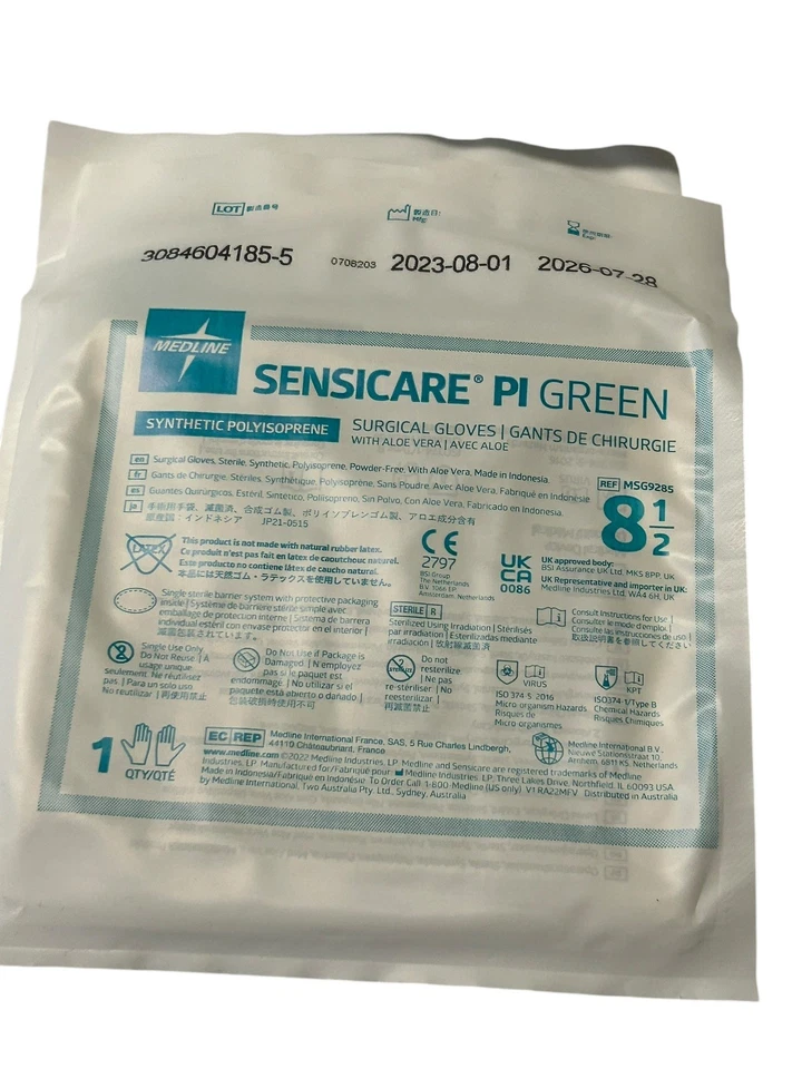 13 luvas cirúrgicas verdes Medline Sensicare PI com aloe vera tamanho 8 1/2 validade 7/26 - Imagem 4 de 4