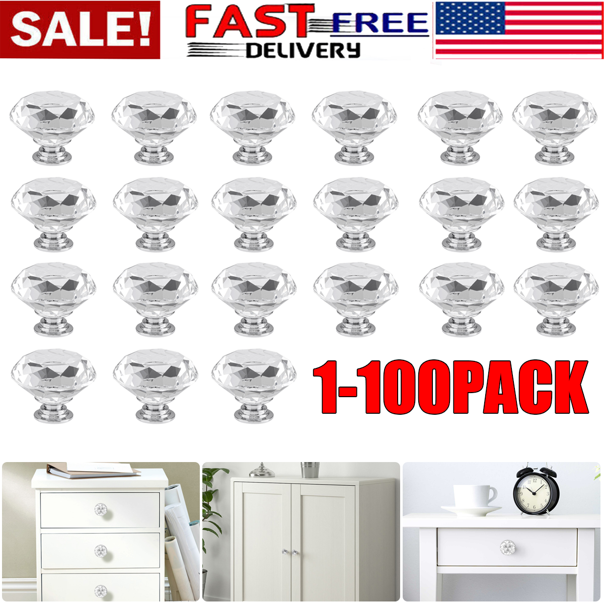 Lot Glass Diamond Crystal Dresser Knobs Drawer Pull Handle Cabinet Pulls 40mm