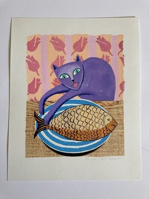 Vintage Gemälde / Illustration Katze mit Fisch 80er Jahre Gouache auf Papier signiert