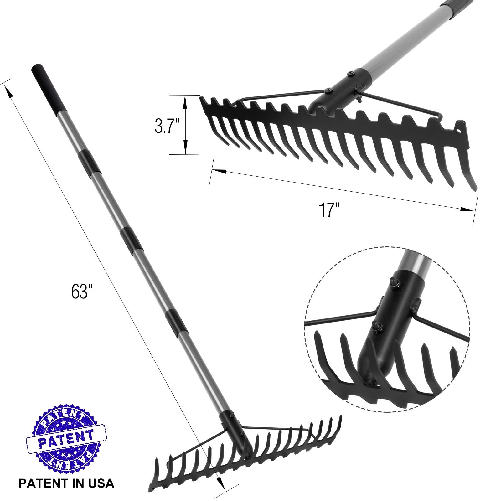 5.4FT Bow Rake Heavy Duty Garden Rake with Stainless Steel Handle,17 Steel Tines