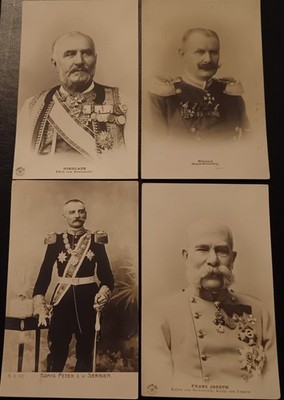 Vintage Postkarten 4 Stück. Peter Ist König von Serbien, Wilhelm II., Franz Joseph