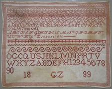 1899 ANTIQUE DUTCH RED ALPHABET SCHOOLGIRL SA...
