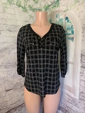 Naif Women's Blouse  Shirt Top Size Medium Lace-Up  Black Stretch Geometric