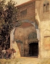 Dipinto olio alberto pasini - guardia in piedi con due cavalli paesaggio urbano su tela