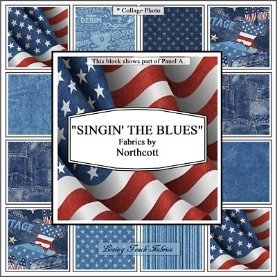 NORTCOTT, SINGIN' THE BLUES'', PATRIOTIC, JEANS, STARS, PRICED BY 1/2 YD & PANEL