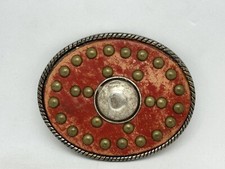 Vintage "E" Spain Made Studded Red Leather with Silver Center Piece Belt Buckle