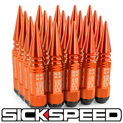 SICKSPEED 20PC ORANGE SPIKED ALUMINUM EXTENDED 108MM 3 PC LUG BOLT 12X1.5 B01