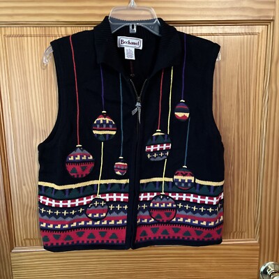 VTG Bechamel Womens Ugly Christmas Sweater Vest Size L Black Embroidered C7
