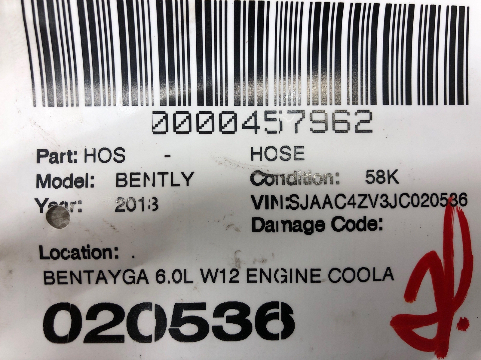 2016-2020 BENTLEY BENTATGA ENGINE COOLANT WATER HOSE W/QUICK-COUPLING 36A121559A