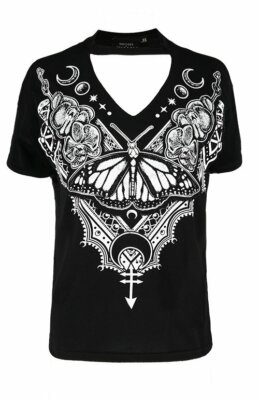 Restyle Henna Butterfly Gothic T-Shirt V-Neck Choker Shirt Top Schwarz
