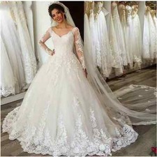 Plus Size Wedding Dresses V Neck Long Sleeves Lace Applique Lace Up Bridal Gowns
