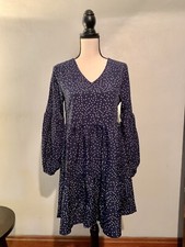 Cute Boho Polka Dot Navy Ruffly Dress With Balloon Sleeves Size S