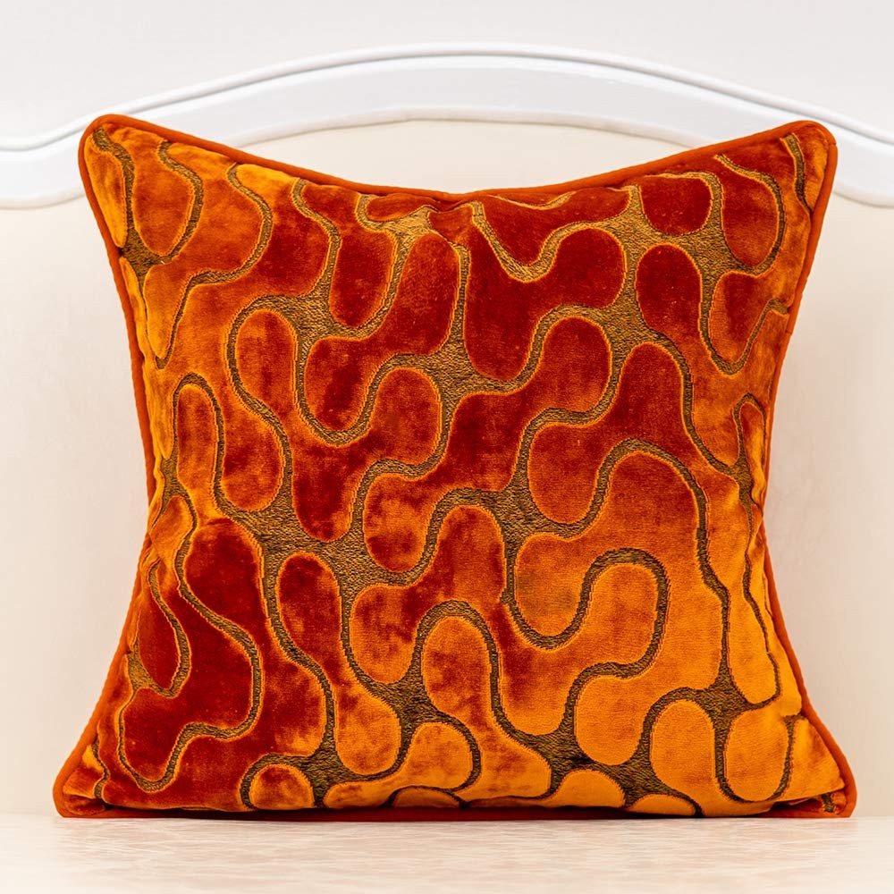 Orange Square Throw Pillow Cover Wavy Velvet Cushion Cover Modern Zippered Pi...