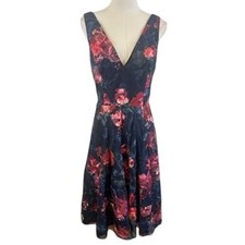 Eliza J Navy Floral Fit and Flare Dress Wedding Guest Party Cocktail Size 10