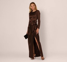Adrianna Papell Size 12 Brown Satin Bow Formal Gown NWT Long Sleeve Modest GALA