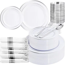 210 Piece Silver Plastic Dinnerware Set Silverware Kitchen Weddings Holidays New