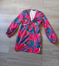 PrettyLittleThing Teal & Pink Abstract Flared Dress Front Cut Out & Tie UK12