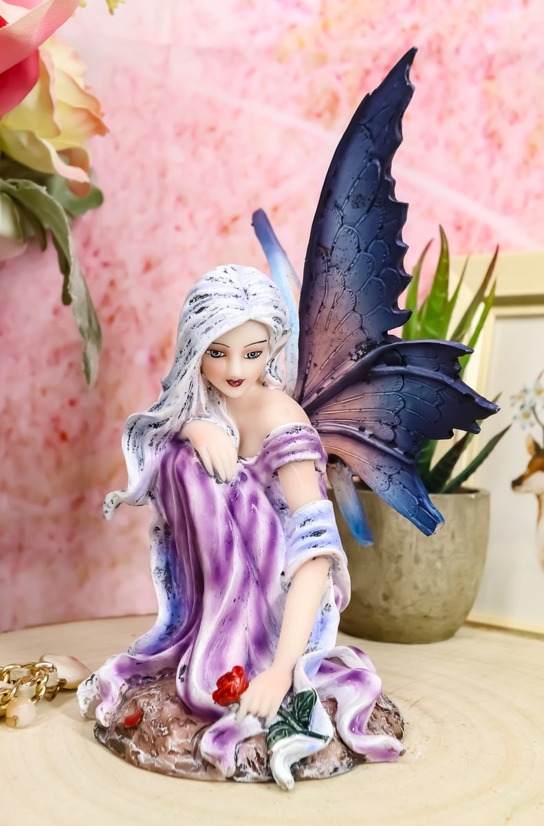 Ebros Silver Haired Winter Fairy Holding Red Rose Figurine Fairy