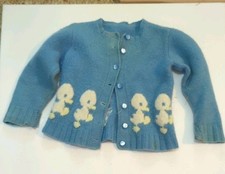 VTG Hand Knit Child  s Sweater Ducks Cardigan 9  Chest Baby Toddler Unisex