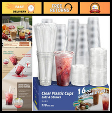 110 Pack 16oz Clear Plastic Cups with Lids  Straws - Sturdy Disposable Iced Cof