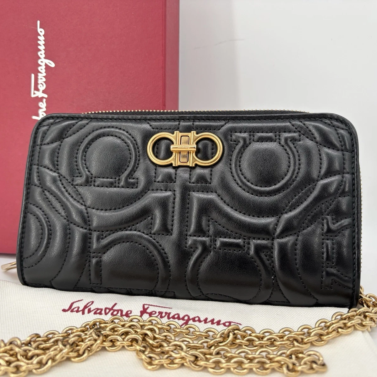 Salvatore Ferragamo Chain Wallet Gancini Quilted Black Authentic