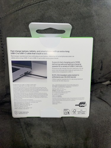 Belkin BoostCharge Braided 100W USB-C to USB-C Cable 6.6 ft - Black - Picture 2 of 2