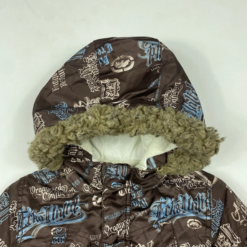 Ecko Unltd Niños Puffer Marrón Y2K Esquí Cremallera Estampado Completo Capucha de Piel Talla 3T Usado Foto 2 de 4