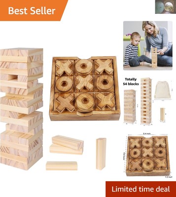 Portable Classic Tic Tac Toe and Tumble Tower Blocks Game Set - 54 Wooden Pieces