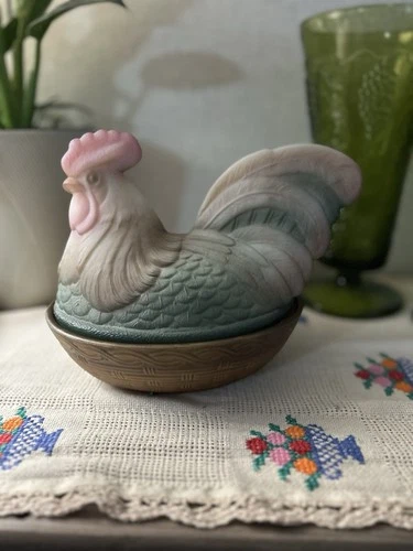 Large Rare Vintage Fenton Folk Art Rooster Dish Hen On Nest Airbrushed
