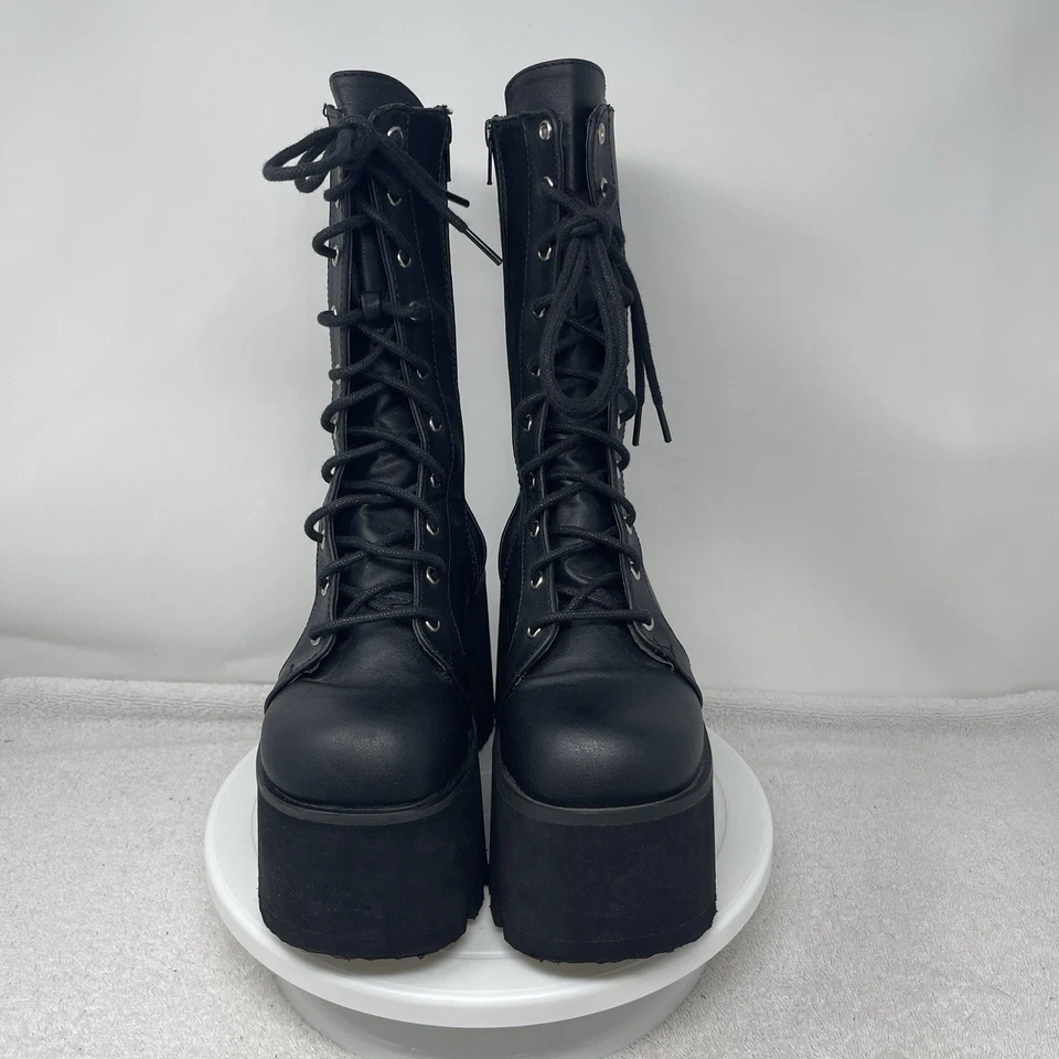 Demonia ASHES-105 Women's 6 Chunky Heel Platform Black Lace-Up Mid Calf Boots - Image 2 of 4