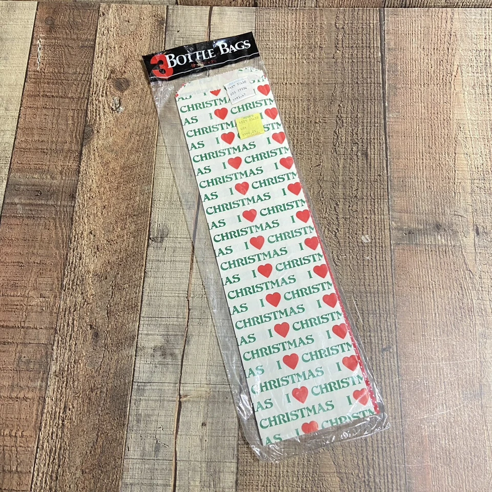 Bolsas de papel de regalo vintage para botellas de vino de Navidad I LOVE CHRISTMAS rojo blanco verde Foto 2 de 4