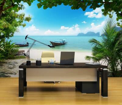 Island Paradise Wall Mural 144Wx100H Removable | Scenic View Sea Sand Palm Tree