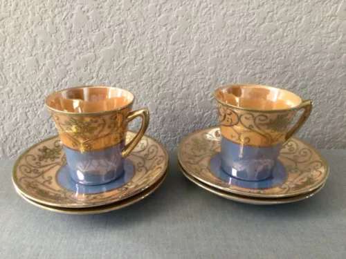 Vintage SHOFU China Demitasse Set of 2 Tea Cups & 4 Saucers Blue & Gold Japan