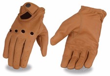 Mens biker Tan saddle color Driving leather gloves unlined perforated snap wrist
