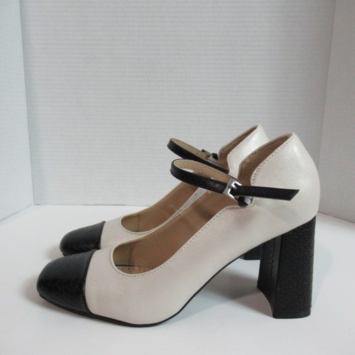 Adrienne Vittadini Heels Womens Size 7.5 Cream Black Toe Pierce Chunky Classy - 第 1/13 張圖片