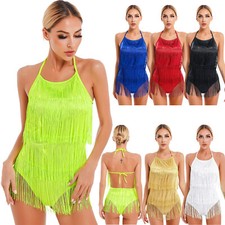 Women Chacha Rumba Ballroom Tassel Latin Dance Dress Leotards Dancewear Costumes