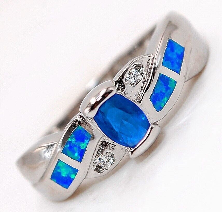 1CT Treated Sapphire & Australian Opal Inlay 925 Sterling Silver Ring Sz 7 BA1