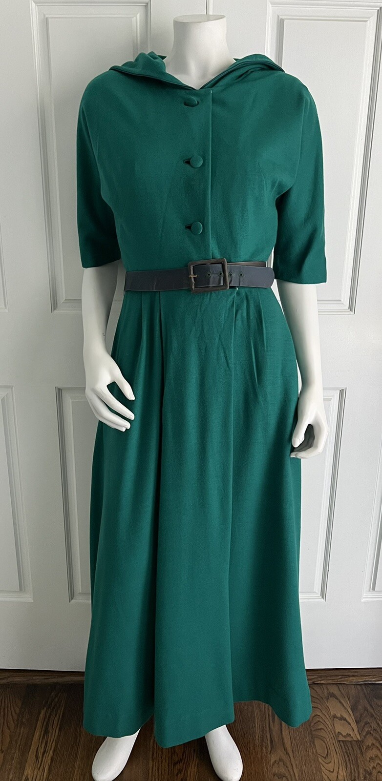 Vintage 1950's Addie Masters California Green Light Wool Hooded Hostess Dress M image 2
