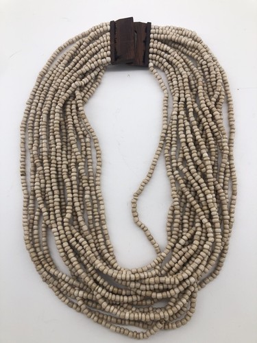 Womens Necklace Brown Cream Beads Multi 16 Strand Wood Clasp Costume Elastic