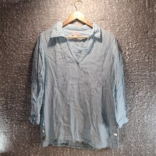 St. Tropez West Linen Collared Tunic Top Blue V-Neck Buttons 3/4 Sleeve Bohemian